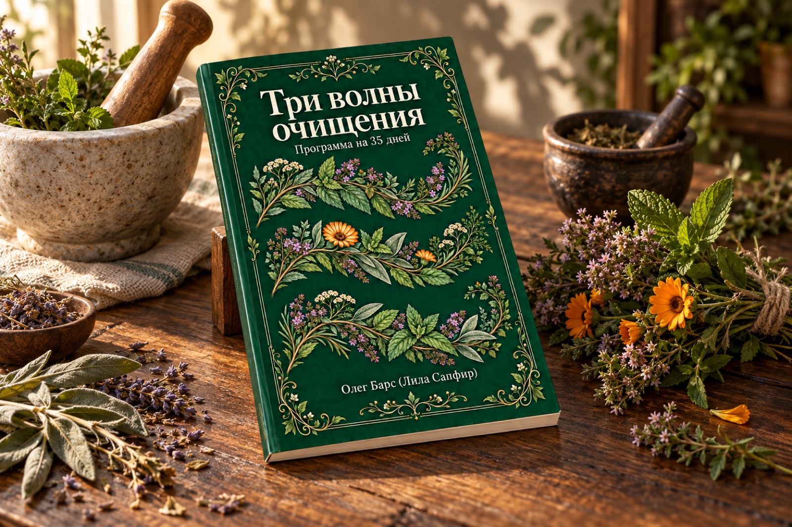 Тёмно-зелёная книга «Три волны очищения» на деревянном столе рядом со ступками и травами